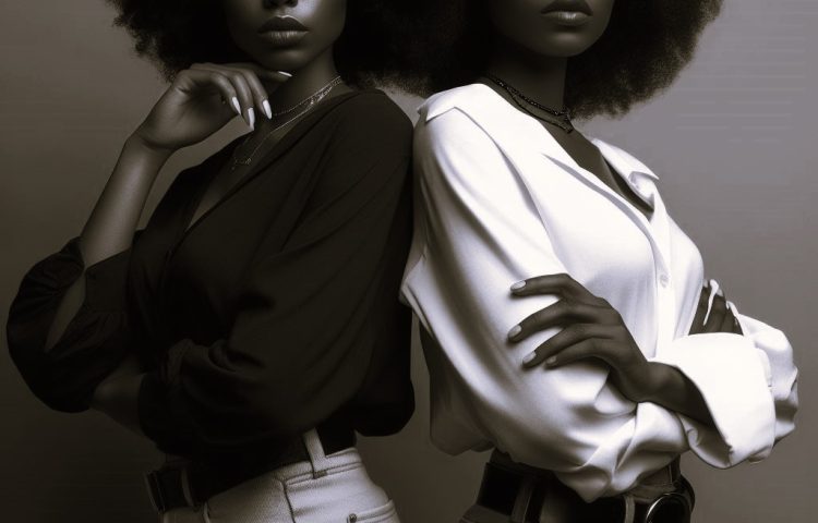 Image of two black women standing with backs against each other